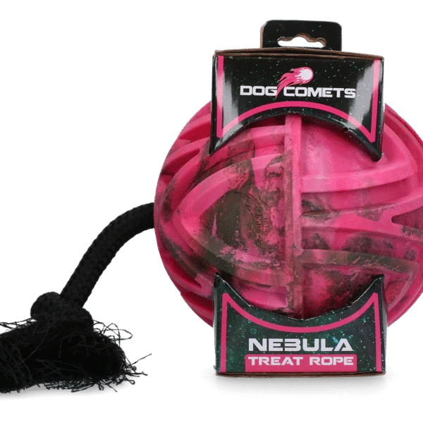 Balle distributrice avec corde et ouverture pour friandises, Ø 18 cm, rose – Dog Comets Nebula Treat Rope