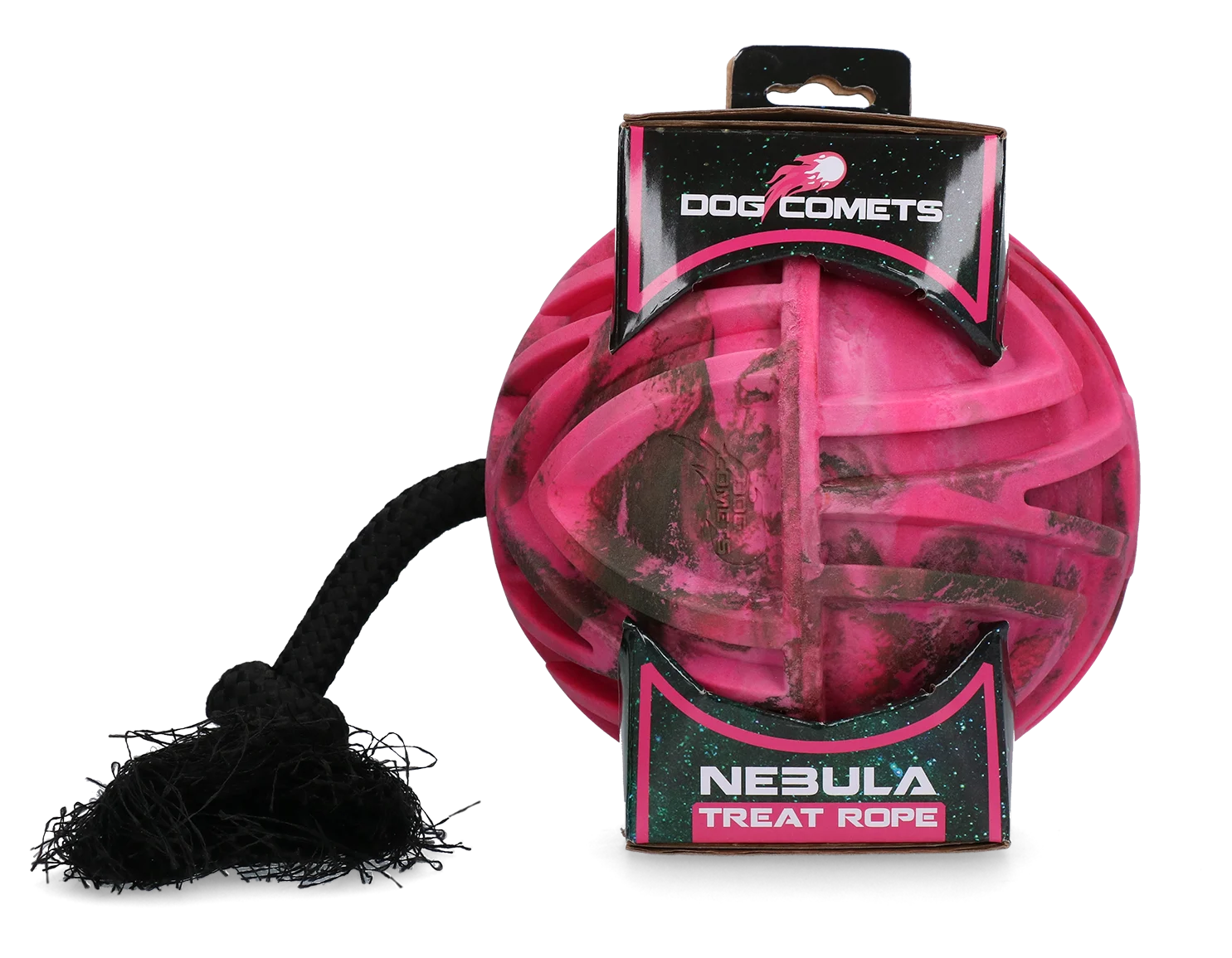 Balle distributrice avec corde et ouverture pour friandises, Ø 18 cm, rose – Dog Comets Nebula Treat Rope – Image 1