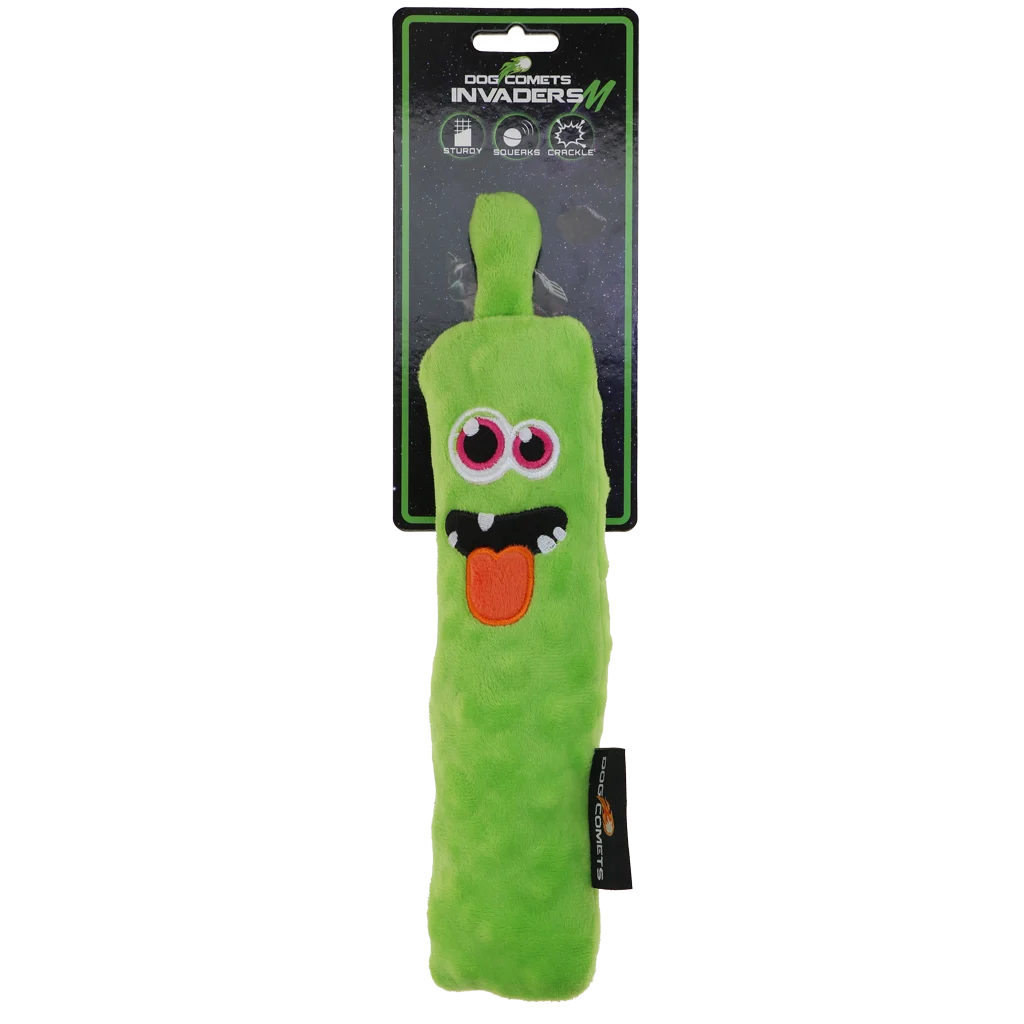 COME0183B.png Bâton à lancer en peluche pour chien avec couineur, vert M, 22,5 cm – Dog Comets Invaders – Image 1