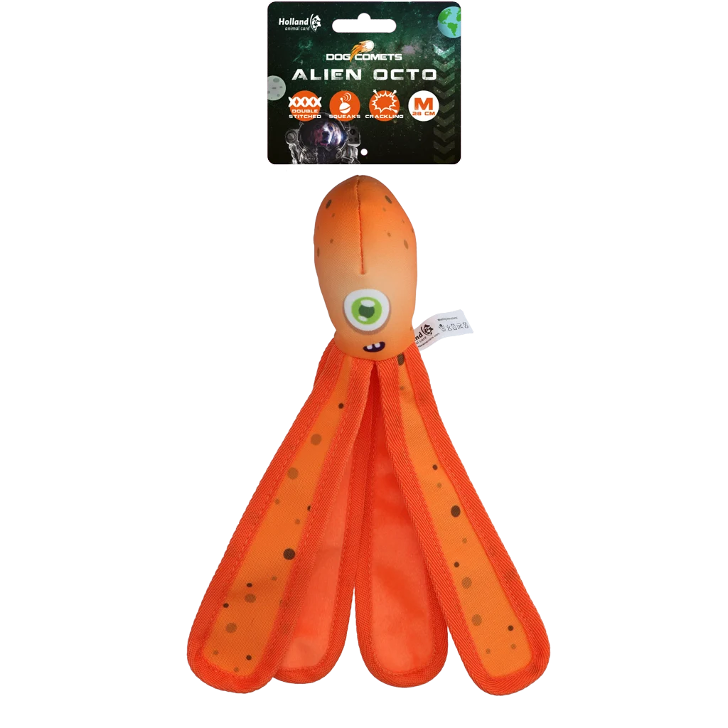 COME018J.png Jouet pour chien avec couineur et tentacules bruissants, M 28 cm, orange – Dog Comets Alien Octo – Image 1