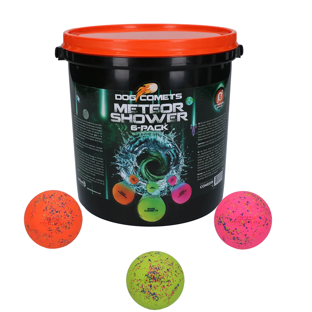 COME019.png Balles en caoutchouc pour chien avec seau, 6 pièces M – Dog Comets Meteor Shower – Image 1