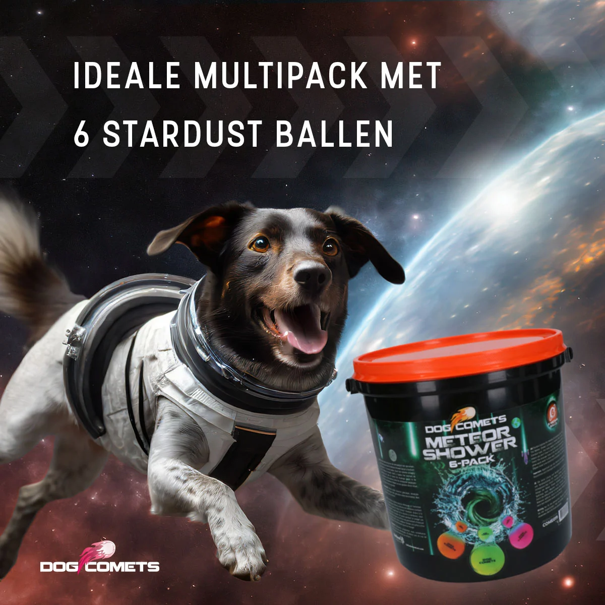 Balles en caoutchouc pour chien avec seau, 6 pièces M – Dog Comets Meteor Shower – Image 3