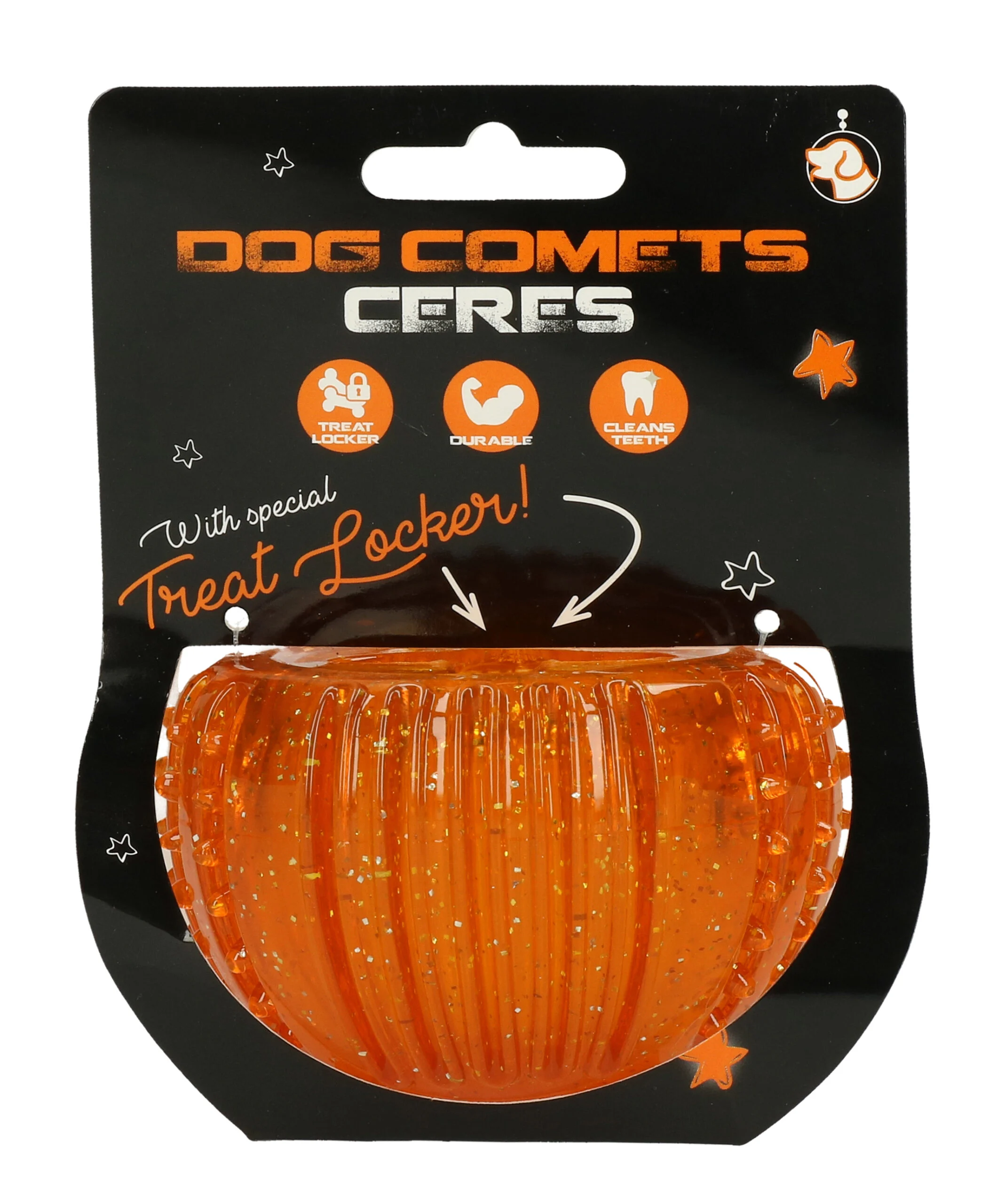 Jouet à friandises en caoutchouc TPR, orange, ø 7 cm – Dog Comets Ceres - Treat Locker – Image 1