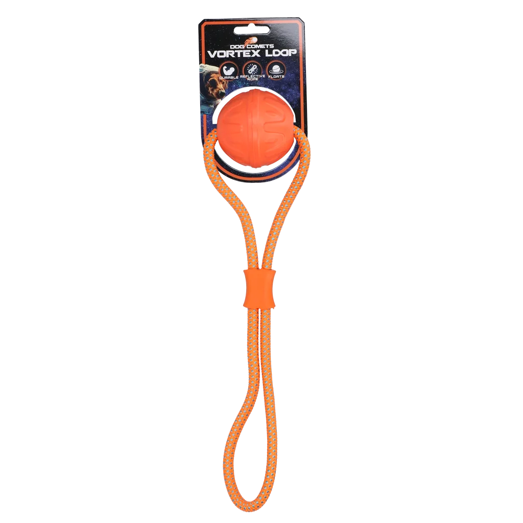COME059K.png Balle pour chien avec corde réfléchissante, flottante, orange – Dog Comets Vortex Loop – Image 1