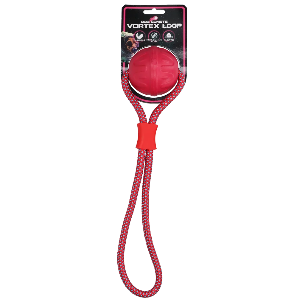 Balle pour chien avec corde réfléchissante, flottante, rose – Dog Comets Vortex Loop – Image 1