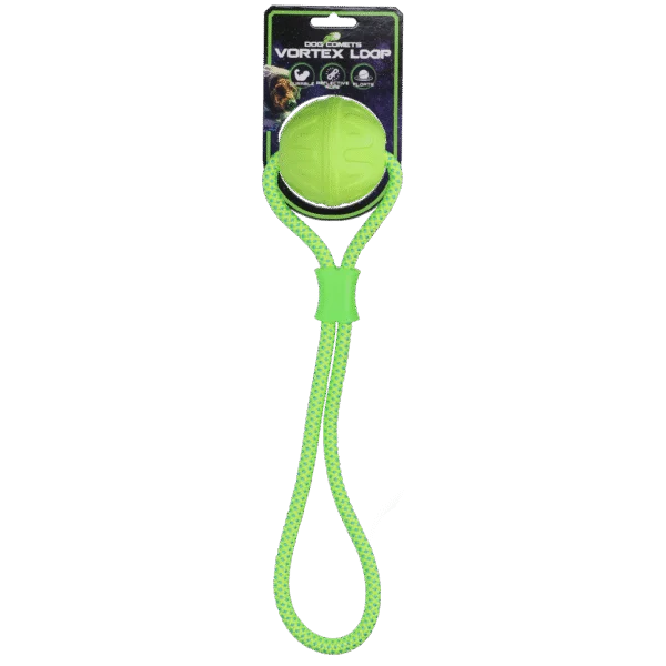 Balle pour chien avec corde réfléchissante, flottante, verte – Dog Comets Vortex Loop