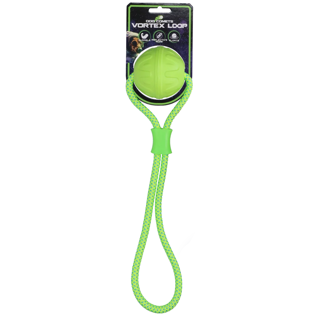 COME059M.png Balle pour chien avec corde réfléchissante, flottante, verte – Dog Comets Vortex Loop – Image 1