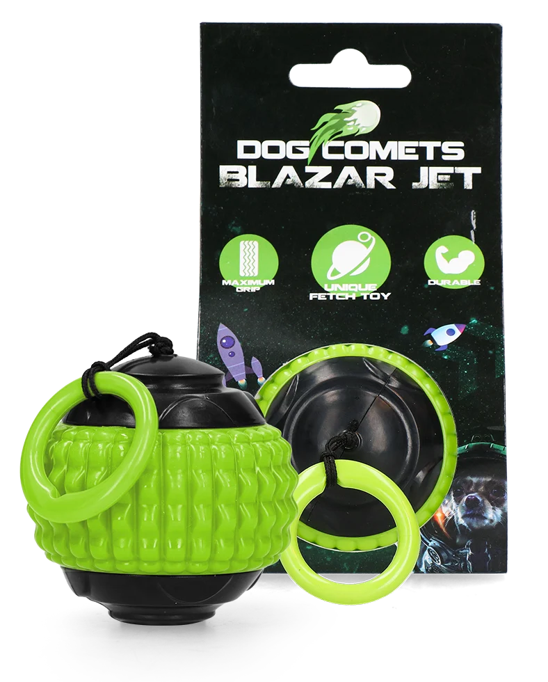 Balle pour chien avec petite corde rétractable verte – Dog Comets Blazar Jet – Image 1