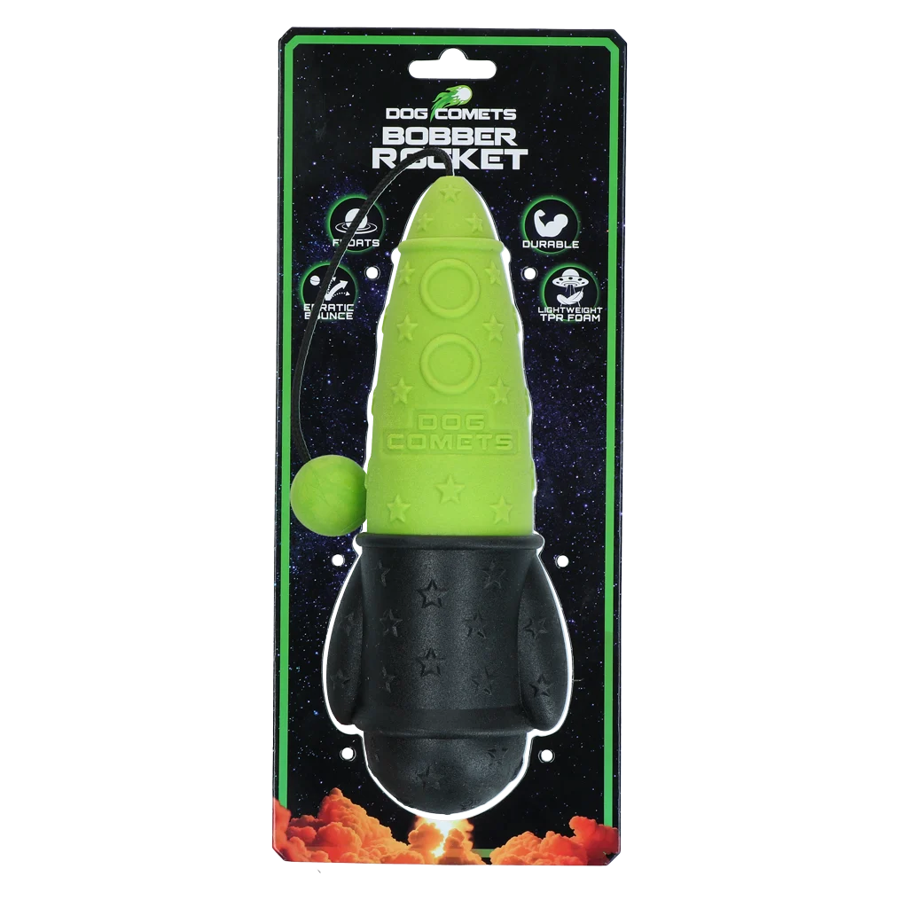 Jouet de rapport avec corde, flottant, Ø 65 x 235 mm, vert – Dog Comets Bobber Rocket – Image 1
