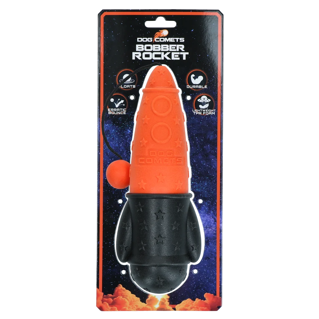 Jouet à rapporter avec corde, flottant, Ø 65 x 235 mm, orange – Dog Comets Bobber Rocket – Image 1