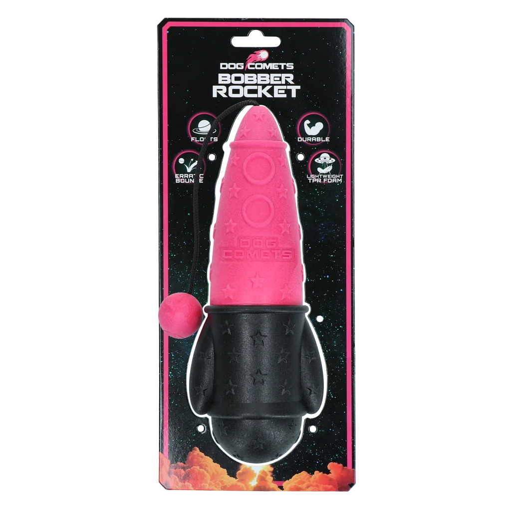 Jouet à rapporter avec corde, flottant, Ø 65 x 235 mm, rose – Dog Comets Bobber Rocket – Image 1