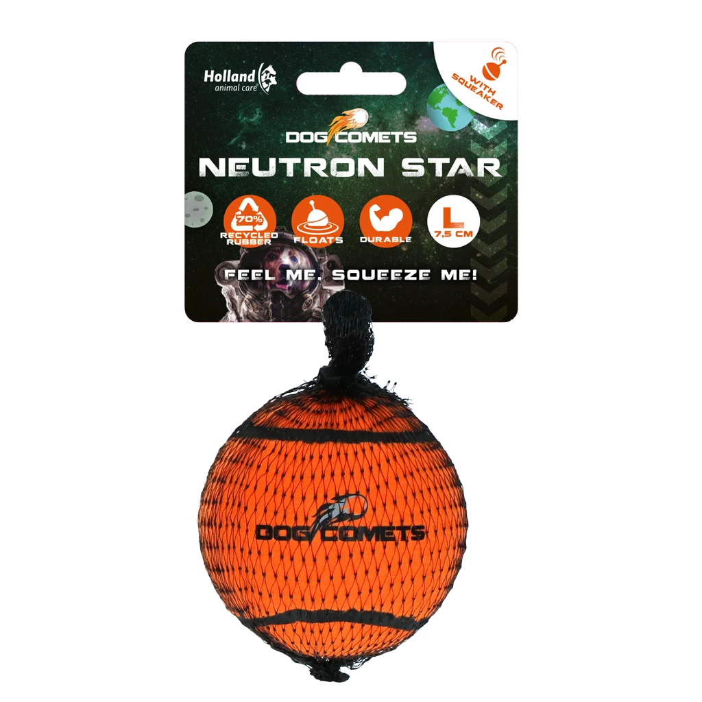 COME081CL.png Balle de tennis avec sifflet et bord en caoutchouc, orange L, 7,5 cm – Dog Comets Neutron Star – Image 1
