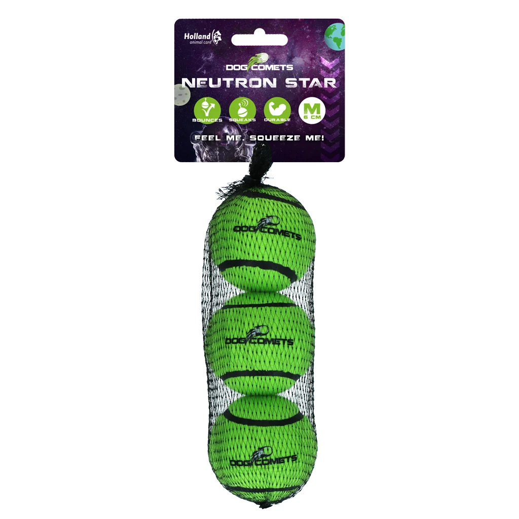 COME082B.png Balle de tennis pour chien avec couineur M, Ø 6 cm, verte, 3 pièces – Dog Comets Neutron Star – Image 1
