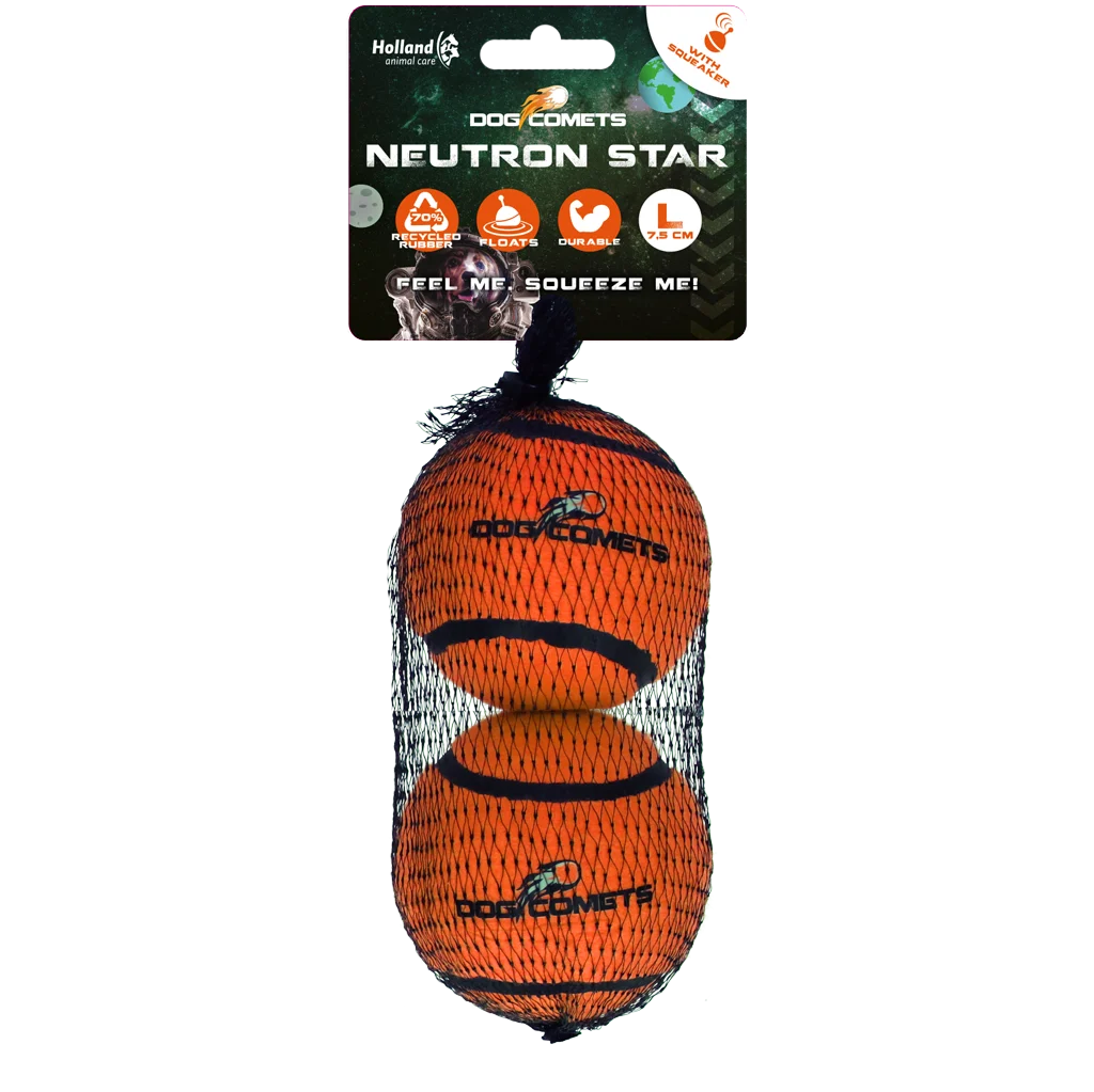 COME082CL.png Balles de tennis avec couineur et bord en caoutchouc, orange, L, 7,5 cm, lot de 2 – Dog Comets Neutron Star – Image 1