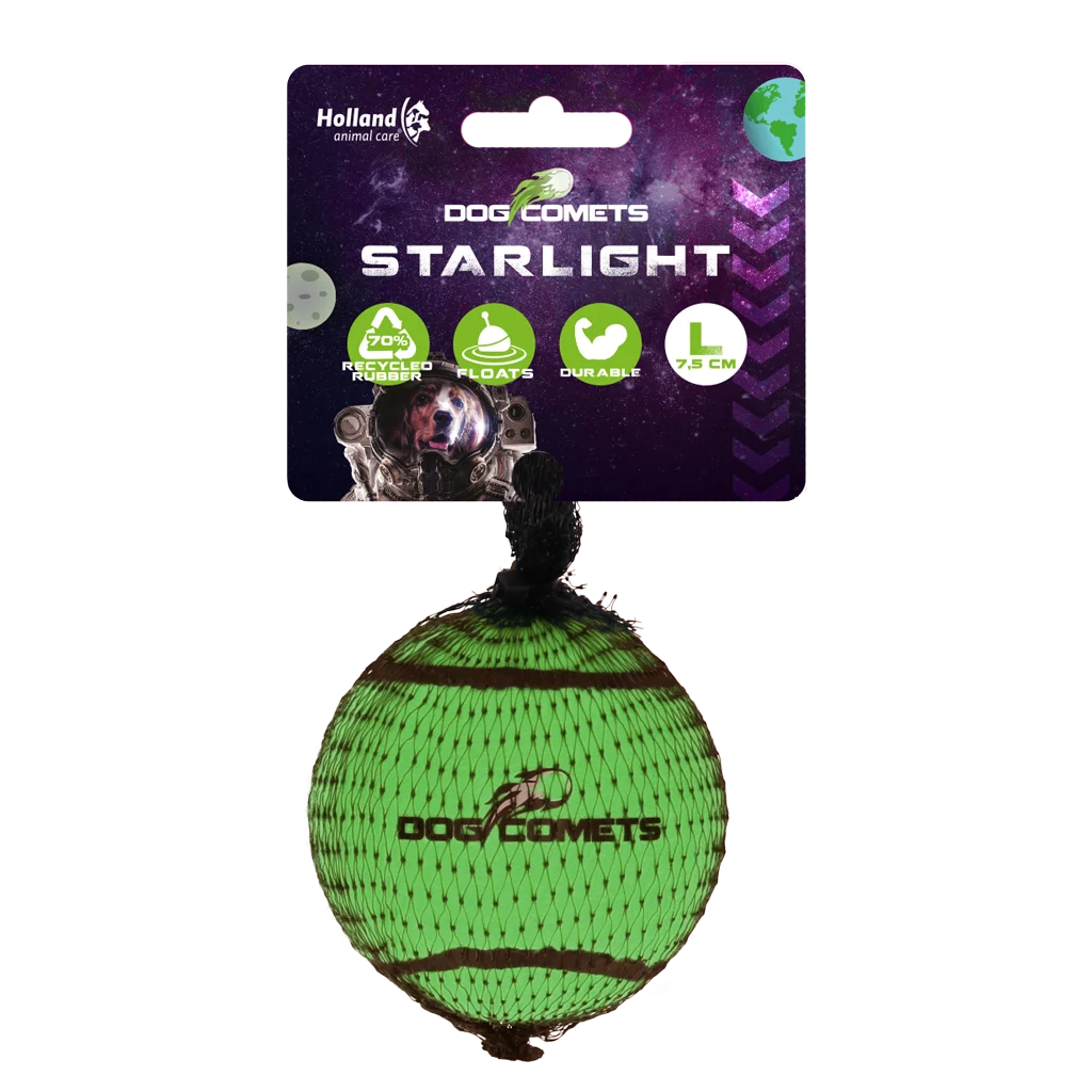 COME083BL.png Balle de tennis pour chien flottante L, Ø 7,5 cm, verte – Dog Comets Starlight – Image 1
