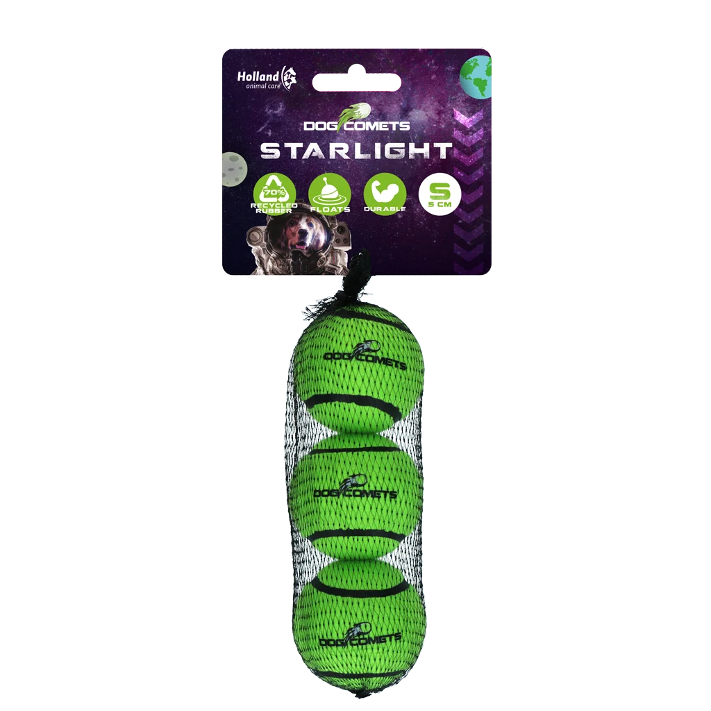 COME084AS.png Balle de tennis pour chien, flottante, verte S, Ø 5 cm, 3 pièces – Dog Comets Starlight – Image 1