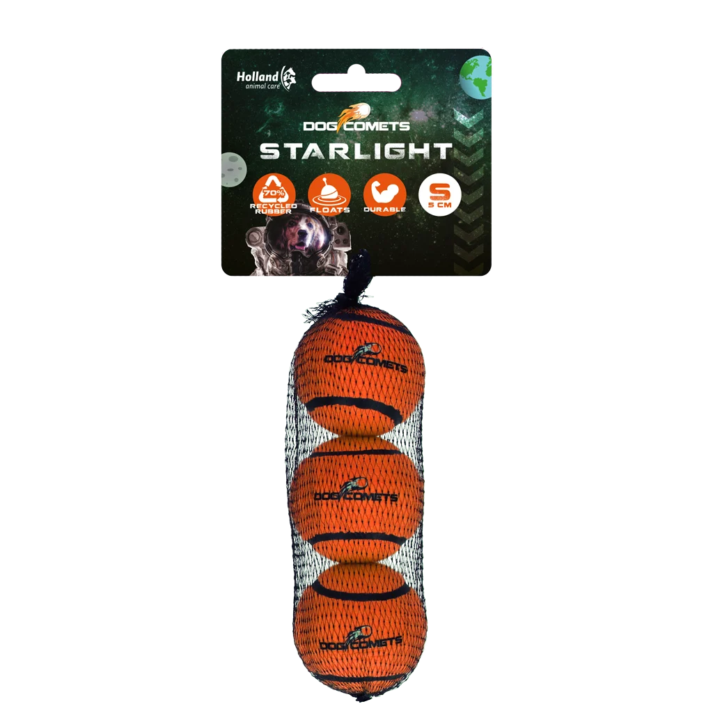 COME084BS.png Balle de tennis pour chien, flottante, orange S, Ø 5 cm, 3 pièces – Dog Comets Starlight – Image 1