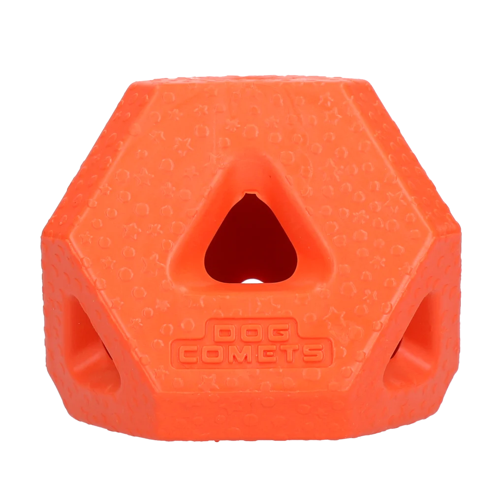 COME086B2.png Balle à friandises en caoutchouc TPR pour friandises et bâtonnets à mâcher, orange – Dog Comets Treat Lock Cube – Image 1