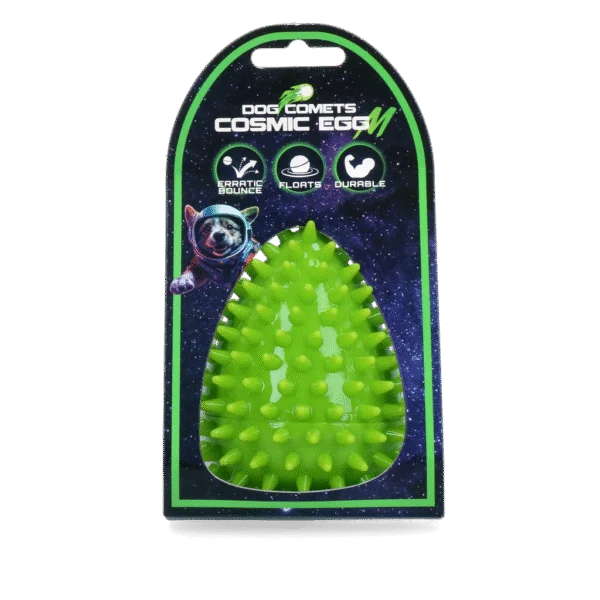 Jouet à rapporter en forme d’œuf avec couineur et picots, vert M, Ø 80 x 110 mm – Dog Comets Cosmic Egg