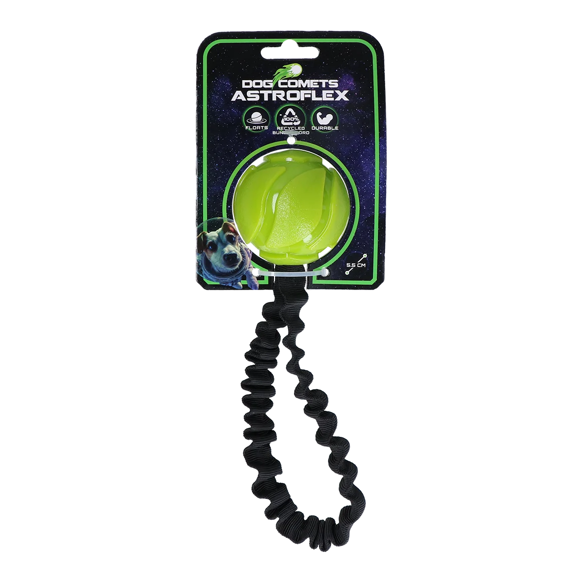 COME088A.png Balle pour chien avec élastique, Ø 65 x 220 mm, vert – Dog Comets AstroFlex – Image 1