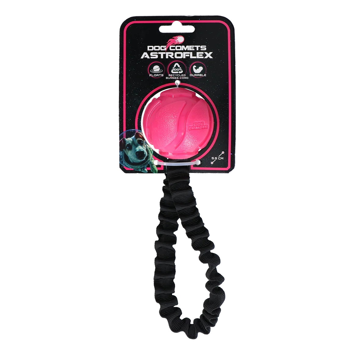 COME088C.png Balle pour chien avec élastique, Ø 65 x 220 mm, rose – Dog Comets AstroFlex – Image 1