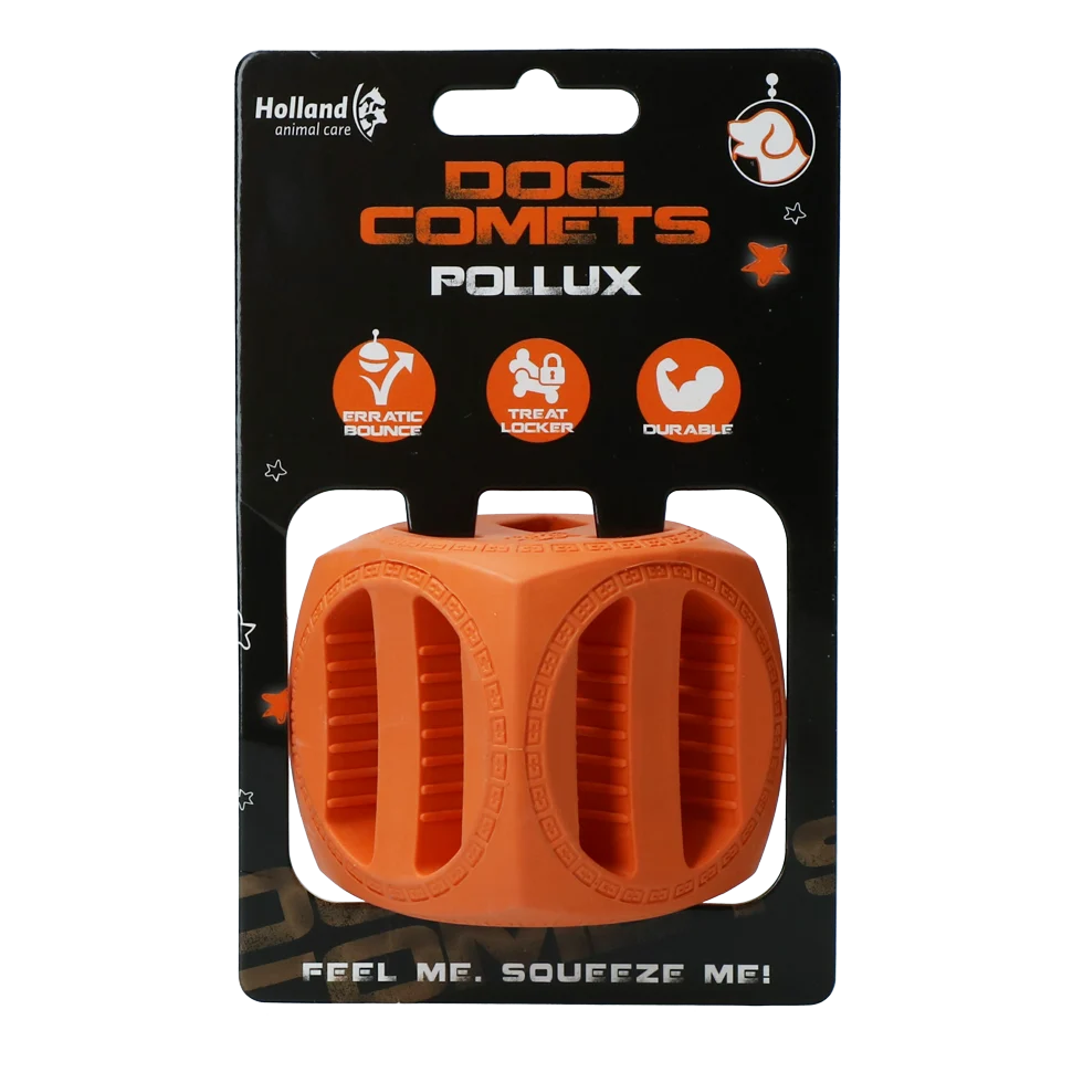 Cube à friandises en caoutchouc naturel, rebondissant, orange, 5,5 x 5,5 cm – Dog Comets Pollux – Image 1