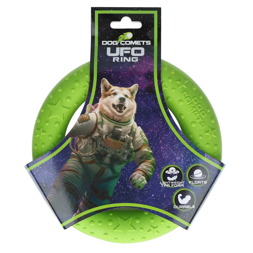 COME097P.png Anneau à lancer pour chien en mousse, flottant, vert M, Ø 19 cm – Dog Comets UFO Ring – Image 1