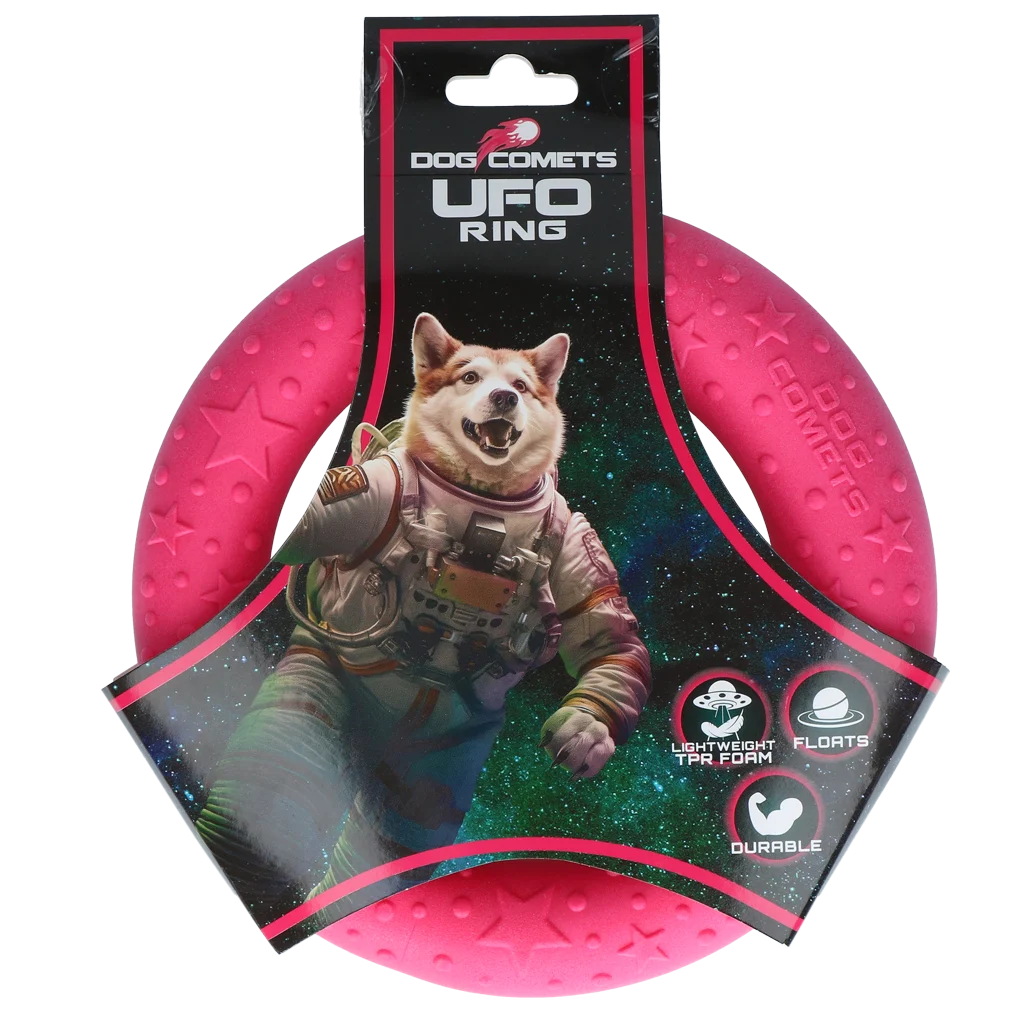 Anneau de lancer pour chien en caoutchouc mousse, flottant, rose M, Ø 19 cm – Dog Comets UFO Ring – Image 1