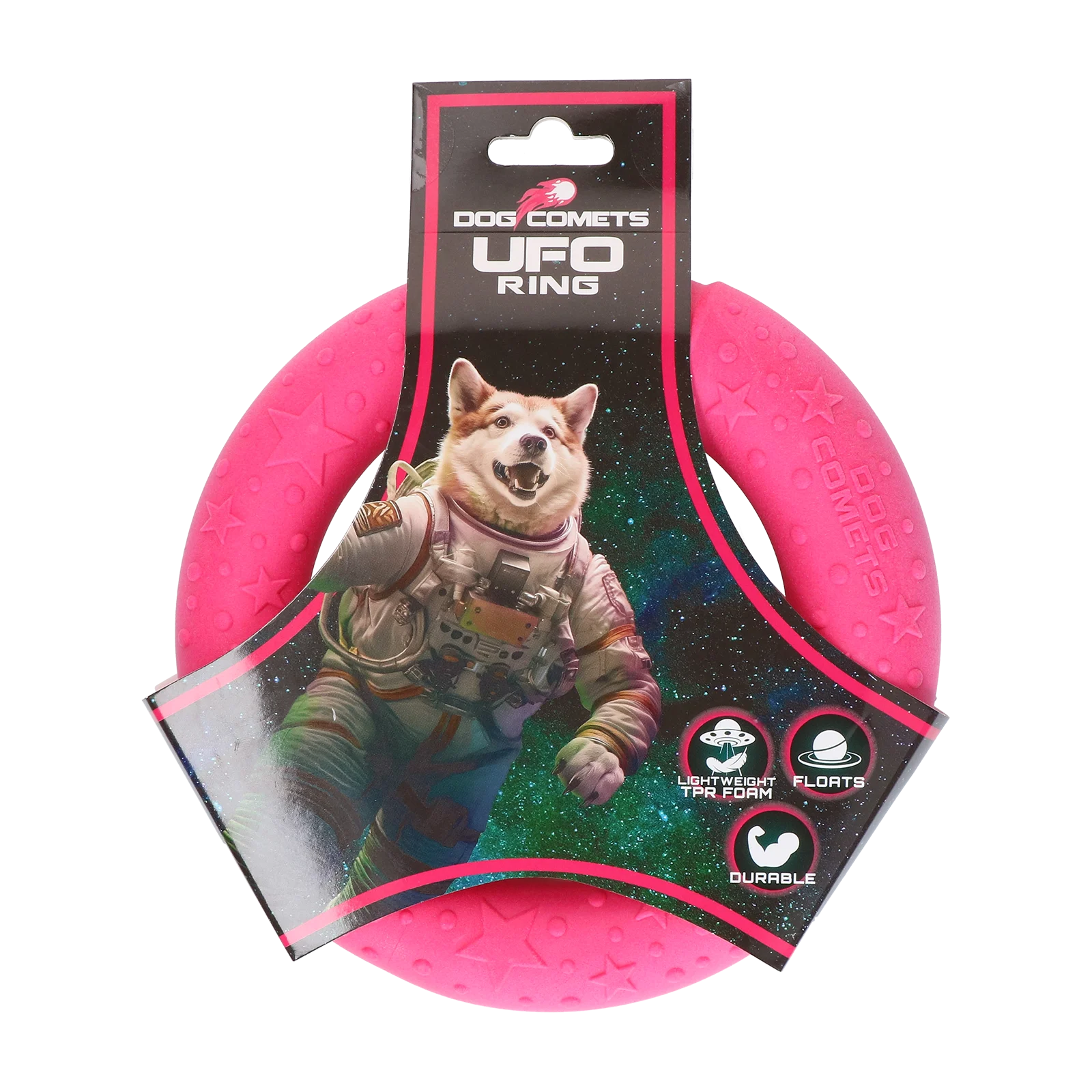 COME097X.png Anneau de lancer pour chien en caoutchouc mousse, flottant, rose S, Ø 13,5 cm – Dog Comets UFO Ring – Image 1