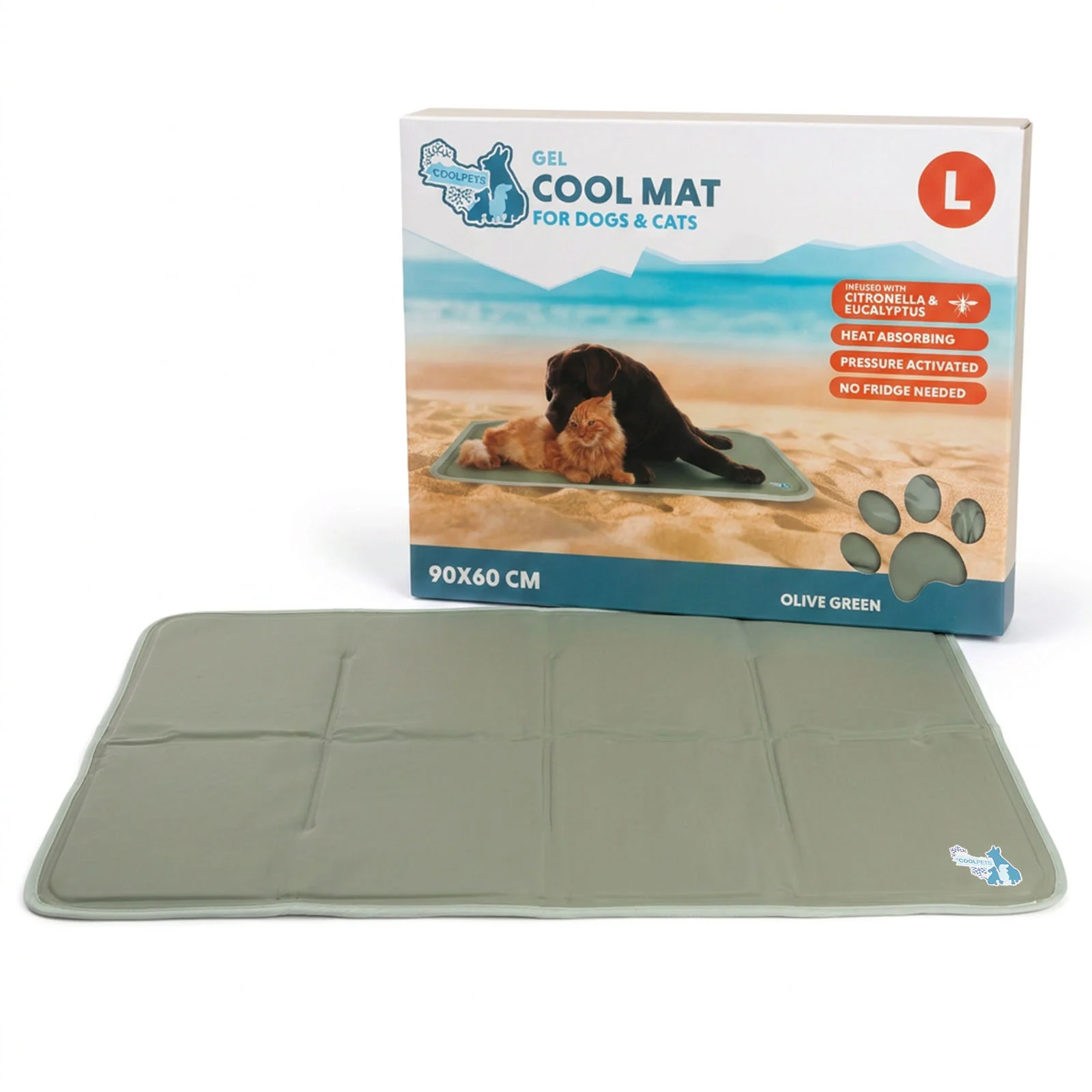 Tapis rafraîchissant pour chien à gel solide, vert olive, L 90 x 60 cm – Coolpets Gel Cooling Mat – Image 1