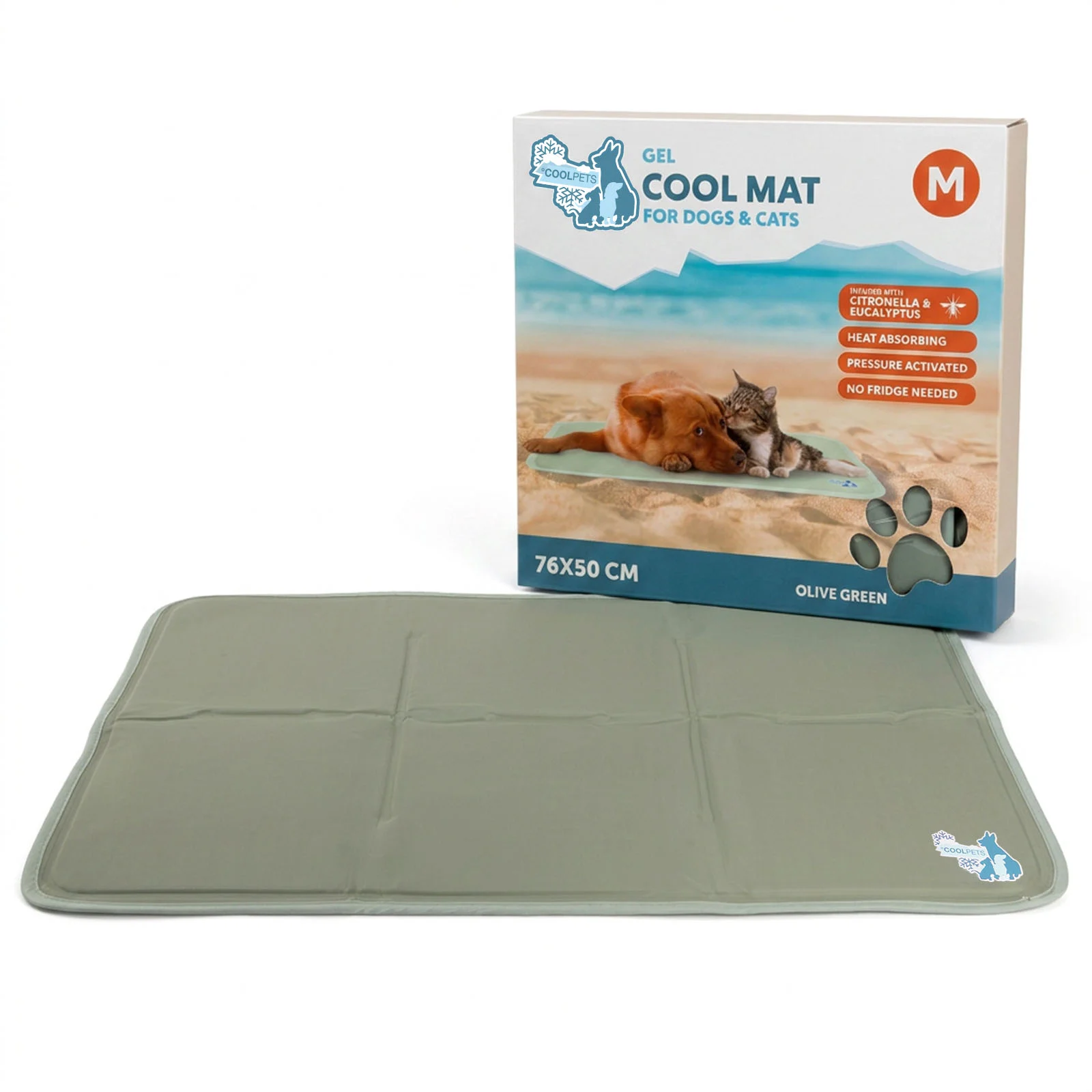 COOL0264M_00.jpg Tapis rafraîchissant pour chiens à gel solide, vert olive, M 76 x 50 cm – Coolpets Gel Cooling Mat – Image 1