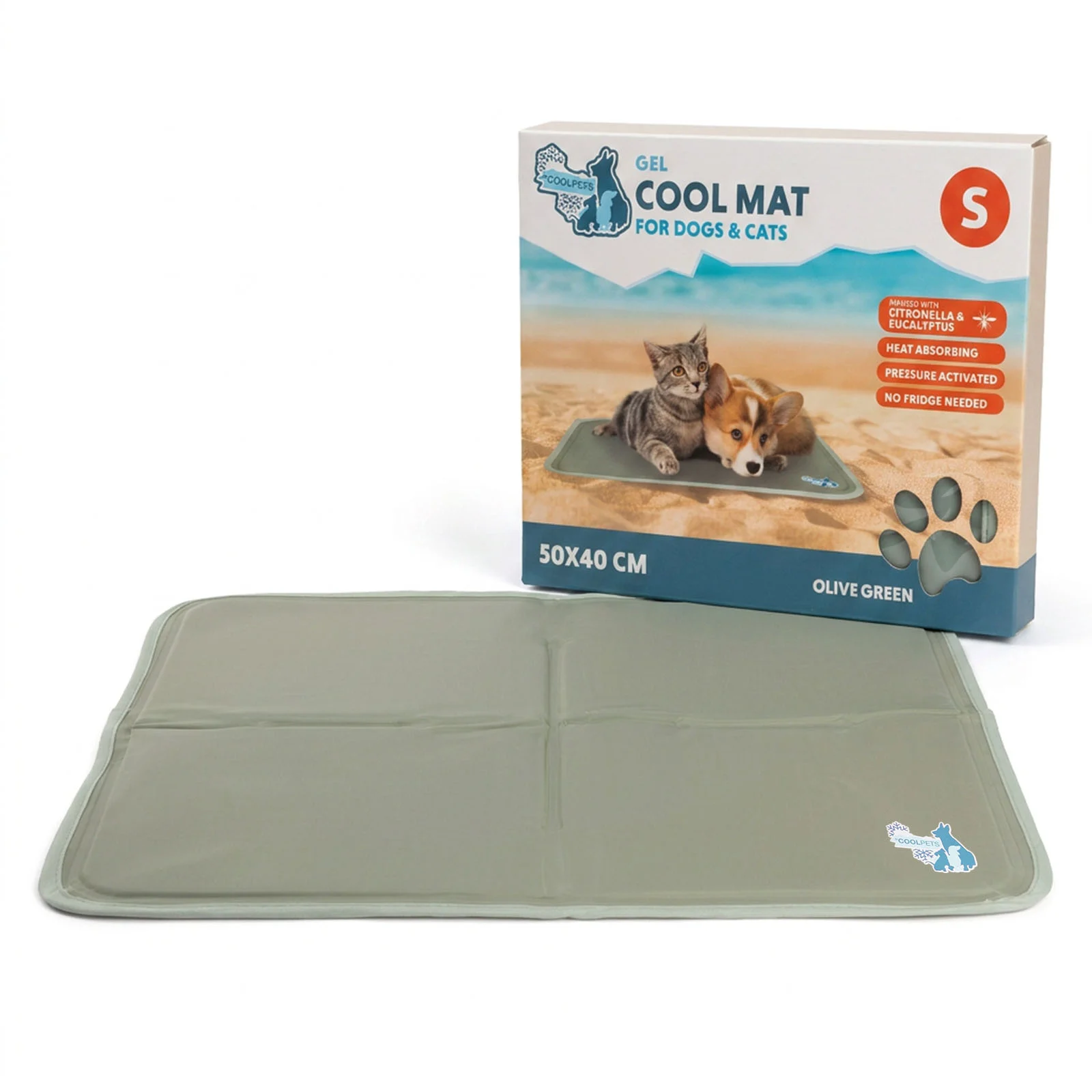 Tapis rafraîchissant pour chiens avec gel solide, vert olive, S 50 x 40 cm – Coolpets Gel Cooling Mat – Image 1