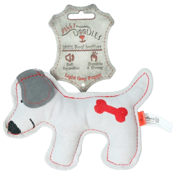 Peluche pour chien en cuir de bovin avec couineur discret, gris clair – Doggy Doodles Puppy
