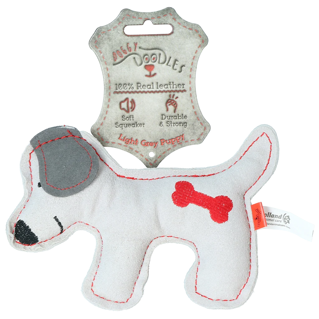 Peluche pour chien en cuir de bovin avec couineur discret, gris clair – Doggy Doodles Puppy – Image 1
