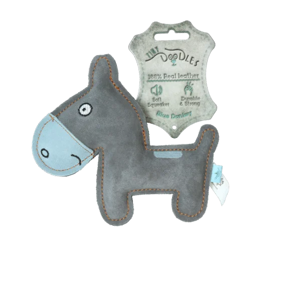 Peluche pour chien en cuir de bovin avec couineur discret, bleu – Tiny Doodles Ezel