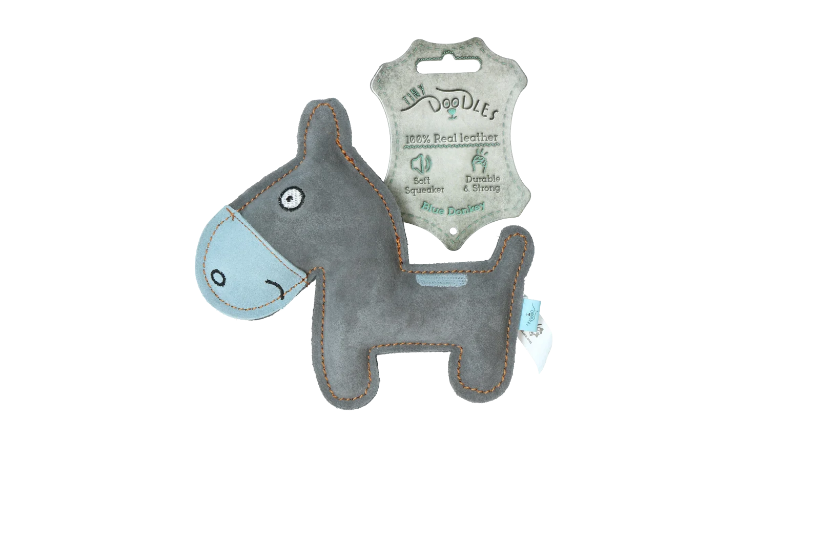 Peluche pour chien en cuir de bovin avec couineur discret, bleu – Tiny Doodles Ezel – Image 1