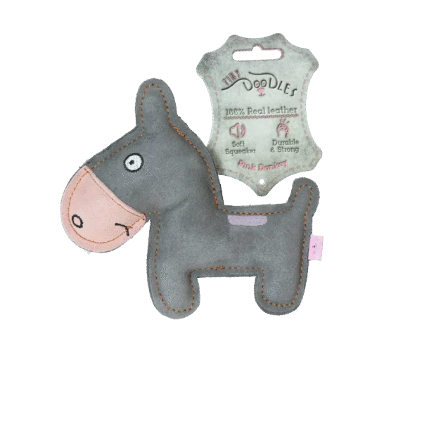 Jouet pour chien en cuir de bovin avec couineur à faible volume sonore, rose – Âne Tiny Doodles