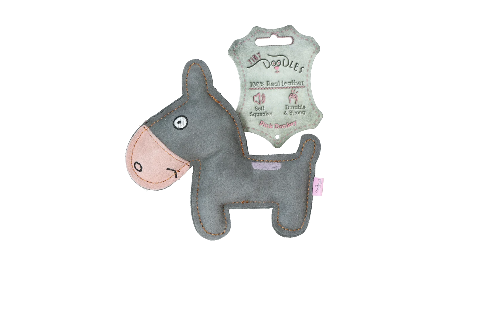 Jouet pour chien en cuir de bovin avec couineur à faible volume sonore, rose – Âne Tiny Doodles – Image 1