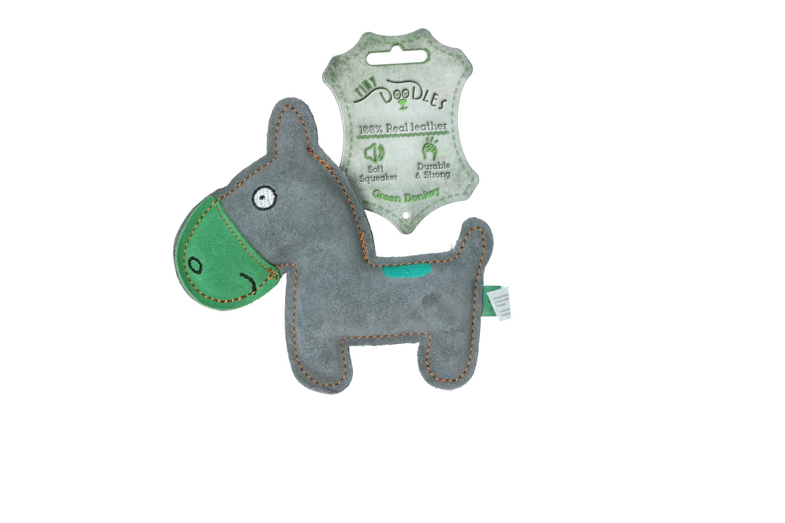 Peluche pour chien en cuir de bovin avec couineur peu bruyant, vert – Tiny Doodles Ezel – Image 1