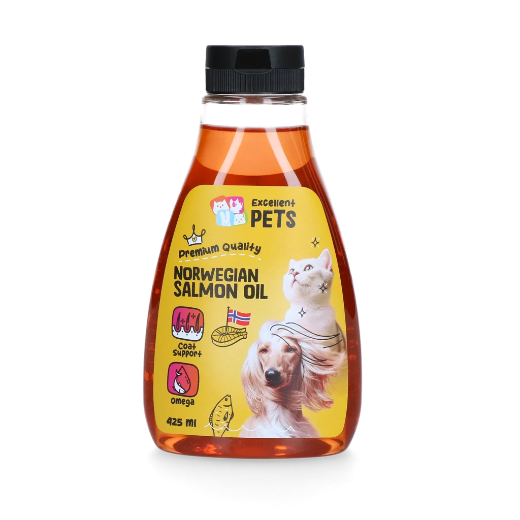 DOGF0500N.png Huile de saumon norvégienne pour chiens et chats, 425 ml en flacon souple – Excellent Pets Norwegian Salmon Oil – Image 1