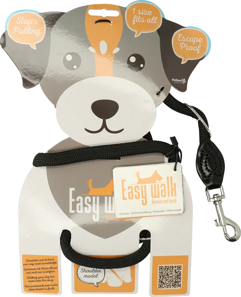 Harnais pour chien avec laisse en corde, noir, Regular 345 cm – Easy Walk modèle à bandoulière – Image 1