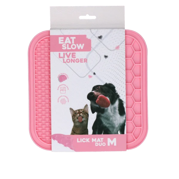 Tapis de léchage pour chien avec 2 motifs et ventouses, 21 x 21 cm, rose – Eat Slow Live Longer Lick Mat Duo M