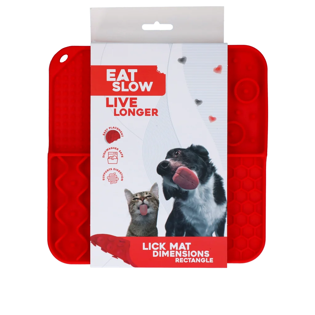 Tapis de léchage pour chiens avec 4 motifs et ventouses, 21 x 21 cm, rouge – Eat Slow Live Longer Lick Mat Dimensions Rectangle – Image 1
