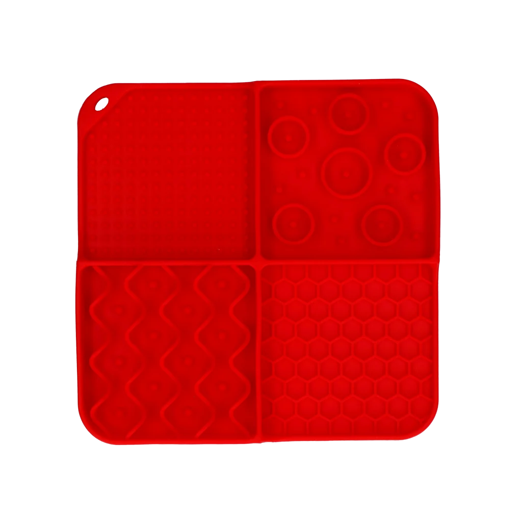 Tapis de léchage pour chiens avec 4 motifs et ventouses, 21 x 21 cm, rouge – Eat Slow Live Longer Lick Mat Dimensions Rectangle – Image 2