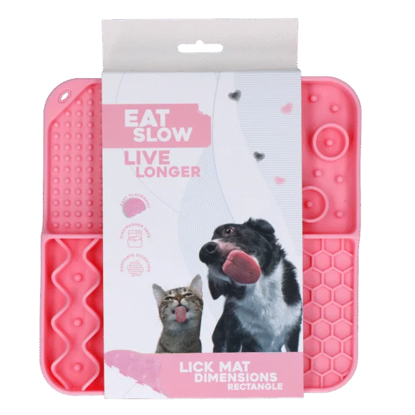 Tapis à lécher pour chiens avec 4 motifs et ventouses, 21 x 21 cm, rose – Eat Slow Live Longer Lick Mat Dimensions Rectangle