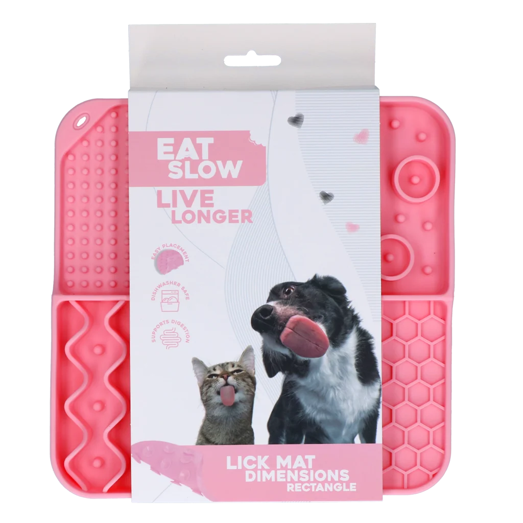 Tapis à lécher pour chiens avec 4 motifs et ventouses, 21 x 21 cm, rose – Eat Slow Live Longer Lick Mat Dimensions Rectangle – Image 1