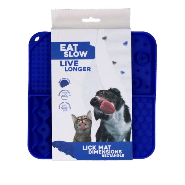 Tapis à lécher pour chiens à 4 motifs avec ventouses, 21 x 21 cm, bleu – Eat Slow Live Longer Lick Mat Dimensions Rectangle