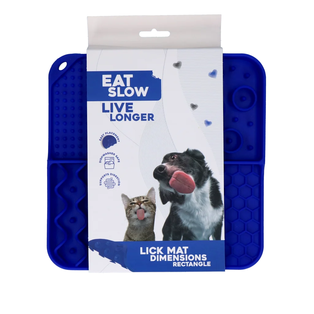 Tapis à lécher pour chiens à 4 motifs avec ventouses, 21 x 21 cm, bleu – Eat Slow Live Longer Lick Mat Dimensions Rectangle – Image 1