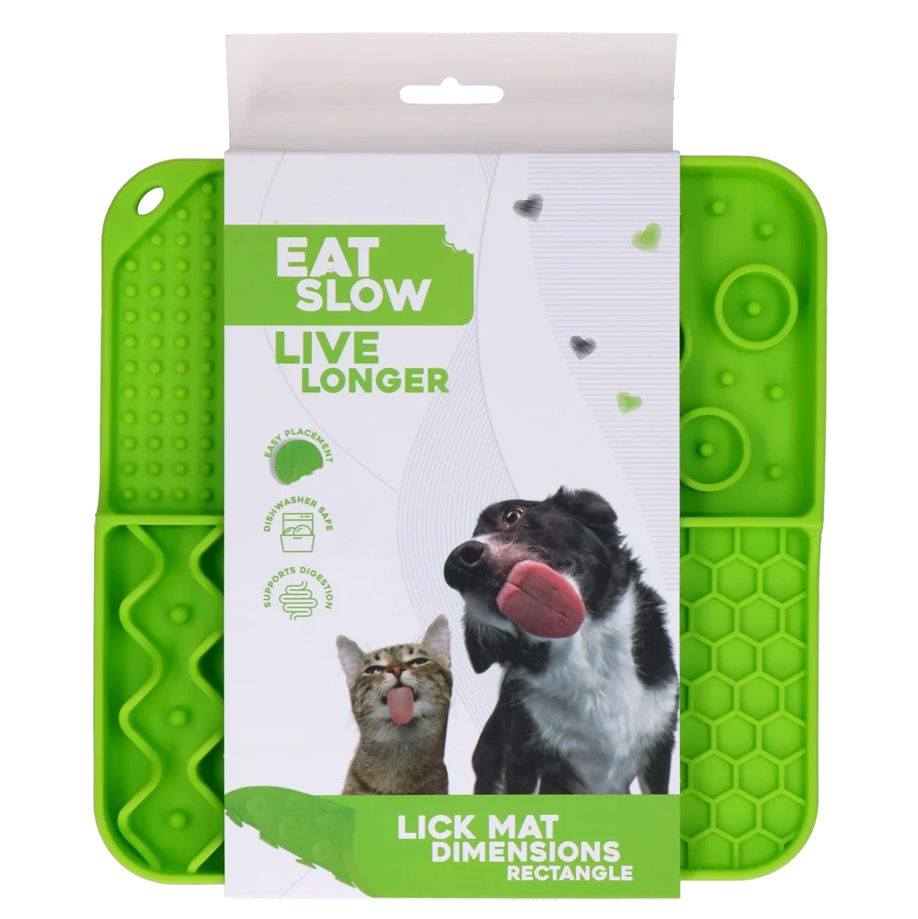 EATS063E.png Tapis de léchage pour chien avec 4 motifs et ventouses, 21 x 21 cm, vert – Eat Slow Live Longer Lick Mat Dimensions Rectangle – Image 1