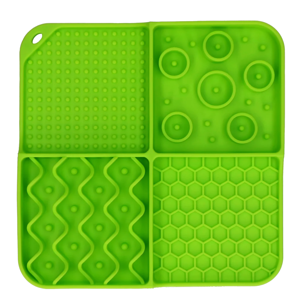 Tapis de léchage pour chien avec 4 motifs et ventouses, 21 x 21 cm, vert – Eat Slow Live Longer Lick Mat Dimensions Rectangle – Image 2